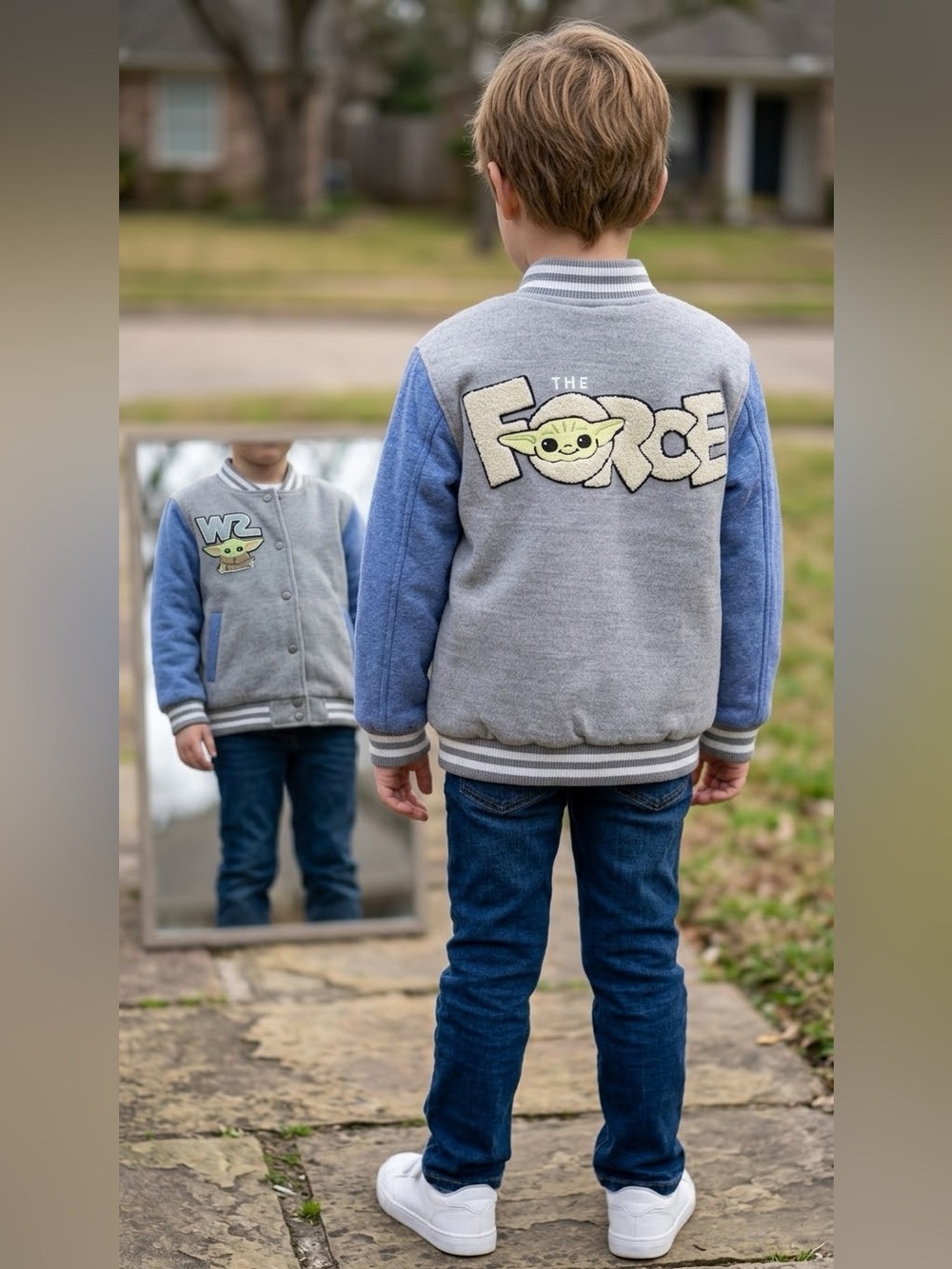Star Wars Grogu Baby Yoda Varsity Jacket Grey Blue Letterman Coat kids M/7 w/pin